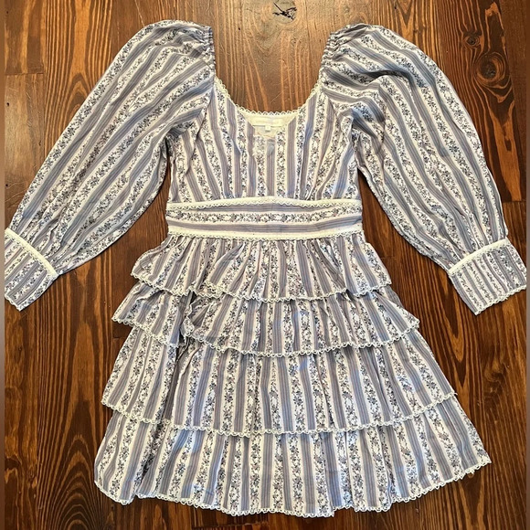 LOVESHACKFANCY Astor Striped Ruffle-Tiered Dress Blue & White Floral Long Sleeve - Picture 8 of 12